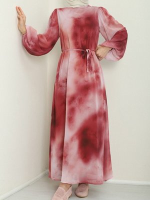 Bordo Batik Baskılı Astarlı Şifon Elbise