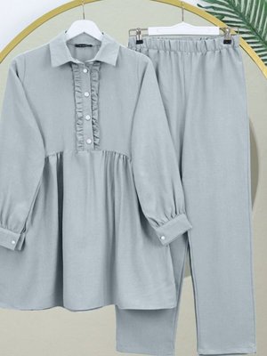 Gri Önü Fırfırlı Yarım Düğmeli Keten İkili Takım