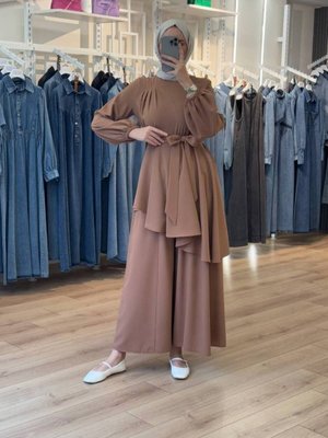 Kahverengi Asimetrik Kloş Tunikli Pantolon Bluz İkili Takım