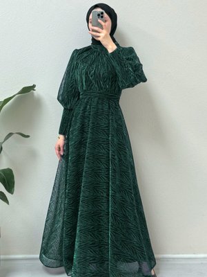 Zümrüt Hakim Yaka Balon Kol Simli Abiye Elbise