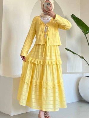 Sarı Önü Bağlamalı Fistolu Etekli İkili Takım