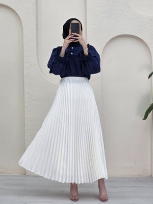 Krem Taşlı Pliseli Kraş Etek