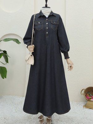 Antrasit Yarım Düğmeli Kolu Lastikli Eteği Oval Kesim Kot Elbise Antrasit Yarım Düğmeli Kolu Lastikli Eteği Oval Kesim Kot Elbise