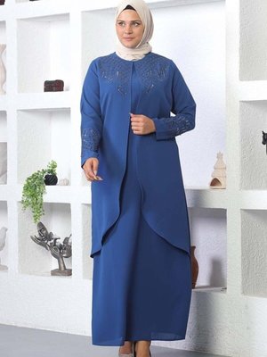 İndigo Taş İşlemeli Abiye Elbise