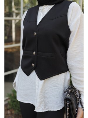 Siyah Cep Detaylı Düğmeli Scuba Yelek