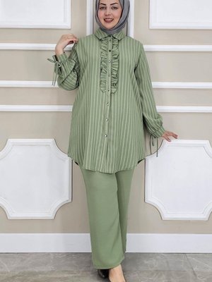 Yeşil Çigili Fırfırlı Gömlek Pantolon İkili Takım