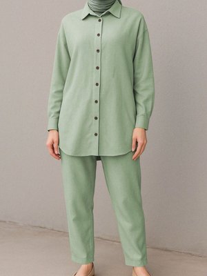 Su Yeşili Boydan Düğmeli Pantolon Gömlek Keten İkili Takım