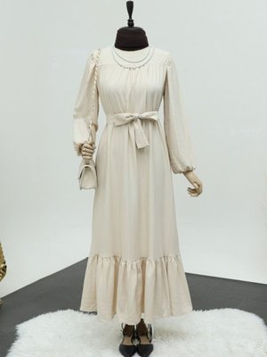 Bej Göğsü Robalı Kemerli Gofre Elbise