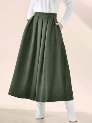 Haki Uzun Pileli Fermuarlı Kaşe Etek