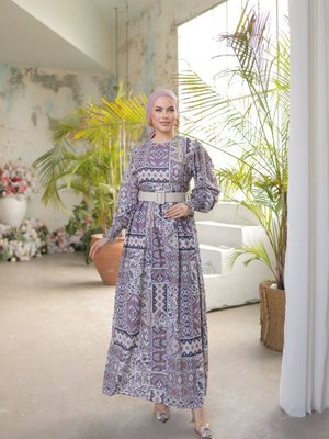 Mor Balon Kol Baklava Desen Saten Elbise Mor Balon Kol Baklava Desen Saten Elbise