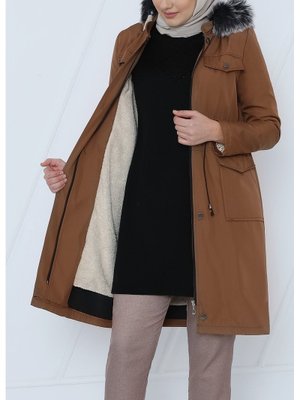 Taba Çıkma Kapüşonlu Bağcıklı Bondit Kısa Kaban