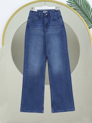 Mavi Çok Cepli Yüksek Bel Kot Pantolon