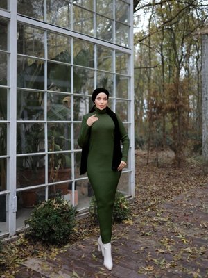 Haki Ankanoor Boğazlı Triko Elbise