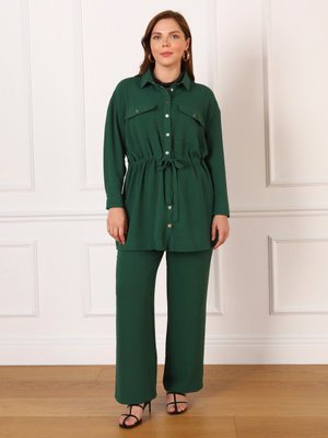 Büyük Beden Çıtçıt Detaylı Cepli Tunik & Pantolon İkili Aerobin Takım Zümrüt Yesili