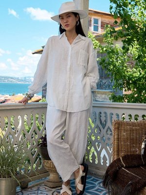 Beyaz Fistolu Müslin Boru Paça Pantolon