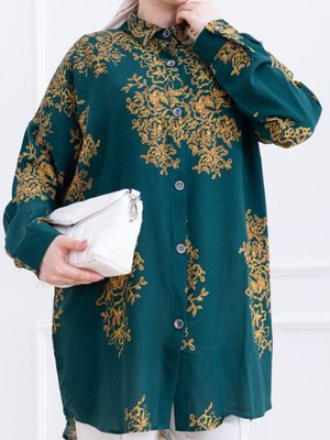 Zümrüt Desenli Boydan Düğmeli Arkası Uzun Viskon Tunik
