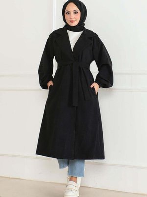 Siyah Kruvaze Yakalı Kaşe Kaban