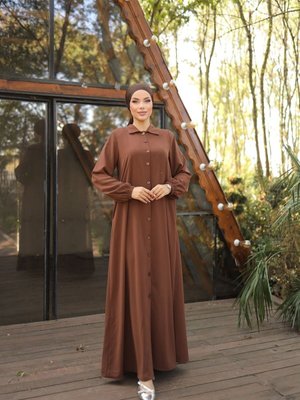 Kahverengi Ankanoor Tam Boy Düğmeli Ferace