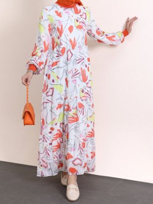 Turuncu Yakası Ribanalı Eteği Katlı Desenli Şifon Elbise