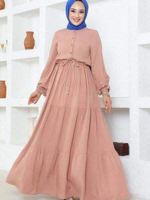 Pudra Belden Bağcıklı Viskon Elbise