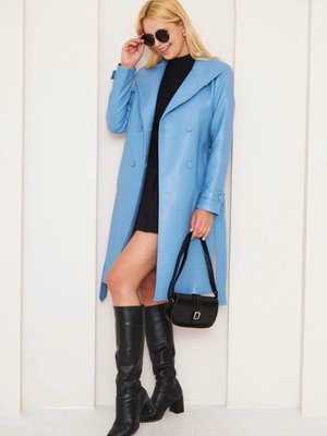 Mavi Düğmeli Uzun Deri Kaban