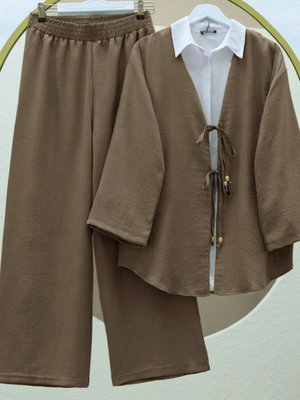 Açık Kahve Önü Çift Bağlamalı Pantolonlu Kimono İkili Takım