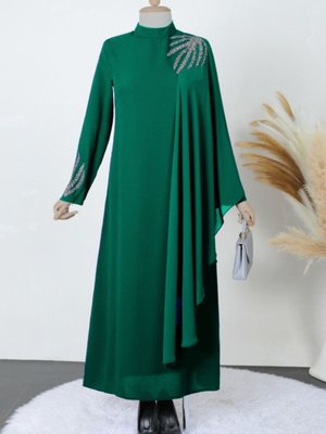 Zümrüt Omuzu Ve Kolu Taşlı Şifon Detaylı Krep Abiye Elbise