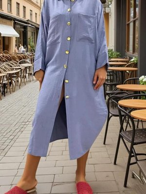 Mavi Yarasa Kol Keten Karışımlı Gömlek Tunik Mavi Yarasa Kol Keten Karışımlı Gömlek Tunik