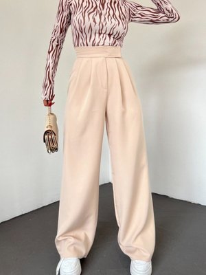 Bej Kemeri Cırtlı Pileli Bol Paça Pantolon