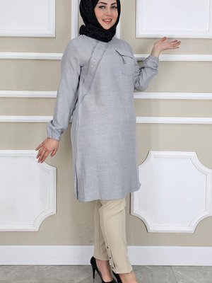 Gri Aller Taş Detaylı Tunik