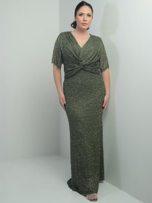 Haki V Yaka Astarlı Önü Düğüm Detaylı Boru Boncuk İşlemeli Büyük Beden Elbise