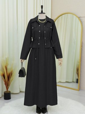 Siyah Metal Düğmeli Beli Bağlamalı Jile Gömlek Elbise