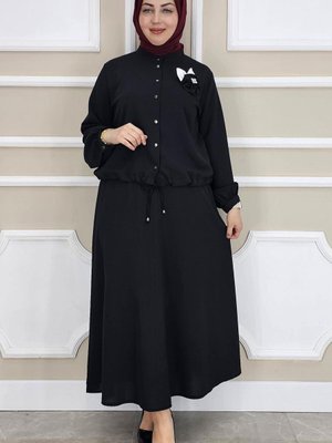 Siyah Çiçek Broş Detaylı Gömlek Etek İkili Takım