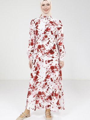 Kırmızı Seyyar Kemerli Baskılı Elbise Kırmızı Seyyar Kemerli Baskılı Elbise