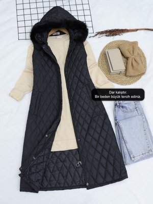 Siyah Çıkma Kapüşonlu Kapitone Uzun Yelek