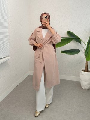 Taş Kolu Lastikli Kemerli Astarlı Trençkot