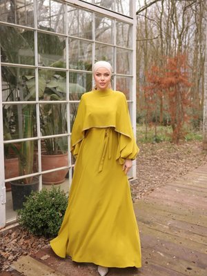 Yağ Yeşili Ankanoor Taşlı Yarasa Kol Abiye Elbise