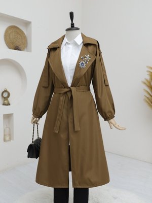 Taba Broşlu Taş Detaylı Balon Kol Trençkot