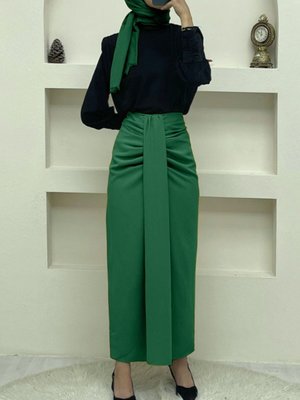 Yeşil Uzun Önü Drapeli Pileli Etek