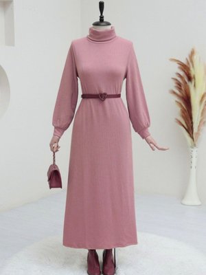 Pembe Boğazlı Fitilli Elbise