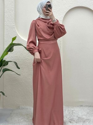 Pudra Döküm Yaka Bileği Bağcık Detaylı Abiye Elbise