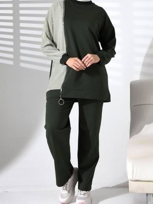 Haki Yandan Fermuarlı Yuvarlak Yaka İkili Takım