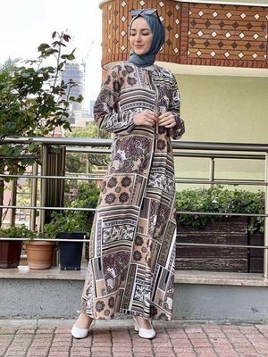 Vizon A Pileli Desenli Elbise