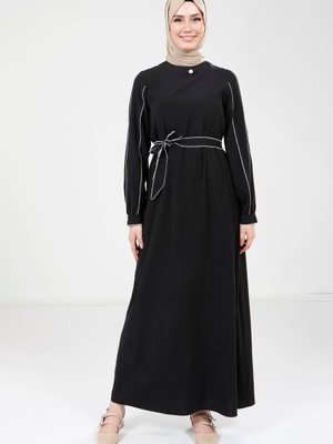 Biye Detaylı Siyah Elbise 9383
