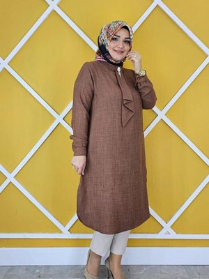 Kahverengi Estetik Kravat Yakalı Tunik