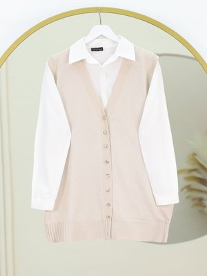 Krem V Yaka Düğmeli Triko Yelek