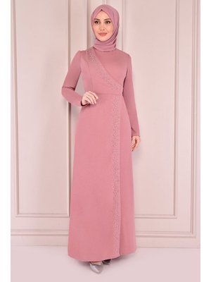 Giyim Moda Taş Işlemeli Uzun Abiye Elbise Gül Kurusu