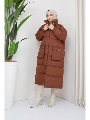 K. Kahve Gizli Kapüşonlu Elyaf Dolum Şişme Kaban