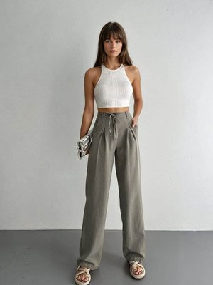 Bej Beyazlamış Keten Bağlamalı Arkası Lastikli Palazzo Pantolon