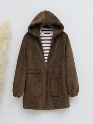 Kahve Beli Lastikli Kapüşonlu Fermuarlı Peluş Mont